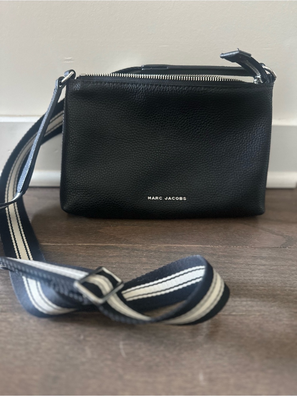 Marc Jacobs Black Pebbled Leather Messenger with Striped Strap